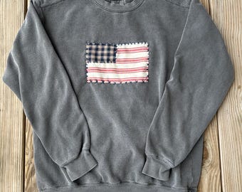 Hand Embroidered Patchwork American Flag Comfort Colors Crewneck Sweatshirt | Fourth of July Outfit | Americana