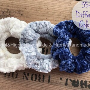 Crochet Velvet Scrunchies | fiber art, hair accessories, gift for her, team colors, pony tail holder, velvet hair tie, bridesmaid gifts