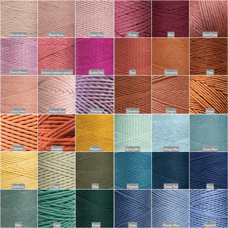 May include: A collection of 36 different colors of cotton cord, arranged in a grid. Each color is labeled with a name, such as "Marshmallow", "Blush Rose", "Ballet Pink", "Rouge", "Wine", "Wood Rose", "Cherry Blossom", "Unicorn (rainbow specks)", "Barbie Pink", "Rust", "Terracotta", "Cider", "Dusty Pink", "Antique Rose", "Primrose", "Cinnamon", "Canyon", "Ginger", "Apricot", "Pumpkin", "Mustard", "Spring Mint", "Vintage Blue", "Ocean Blue", "Sunflower", "Sage", "Olive", "Peacock", "Ocean Teal", "Navy", "Mint", "Jade", "Forest", "Jeans", "Powder Blue", and "Hyacinth".