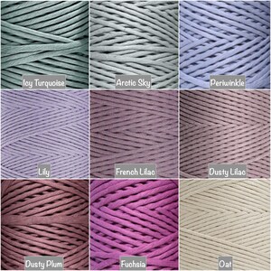 May include: Nine spools of cotton cord in various colors, including icy turquoise, arctic sky, periwinkle, lily, French lilac, dusty lilac, dusty plum, fuchsia, and oat.