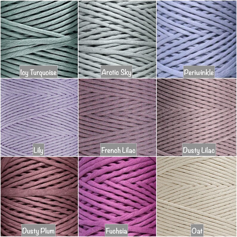 May include: Nine spools of cotton cord in various colors, including icy turquoise, arctic sky, periwinkle, lily, French lilac, dusty lilac, dusty plum, fuchsia, and oat.
