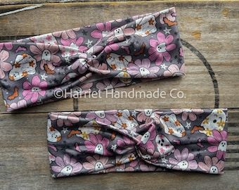 Grey Halloween Bats Ghost Daisies Stretchy Twist Headband – Fabric Hair Accessory