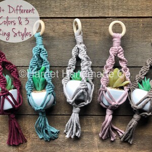 Könnte beinhalten: Fünf Makramee-Pflanzenhänger mit Holzringen, jeder mit einem kleinen weißen Topf mit einer künstlichen Sukkulente. Die Hänger sind in verschiedenen Farben, darunter Burgunderrot, Türkis, Beige, Rosa und Braun.