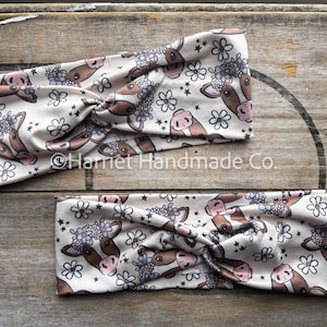 Boho Cows in Flower Crowns Stretchy Twist Headband | hair accessories gift witchy vet med tech RVT nurse RN yoga western cowgirl fall autumn