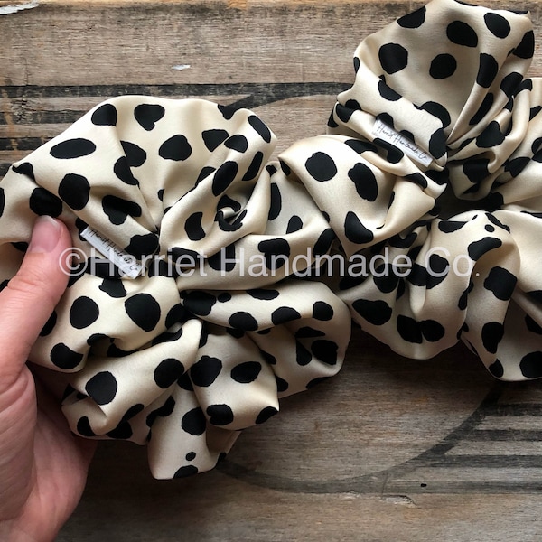 Extra Large Black & Cream Polka Dot Charmeuse Hair Scrunchie | hair accessories gift ideas for her pony tail XL silk silky jumbo oversized