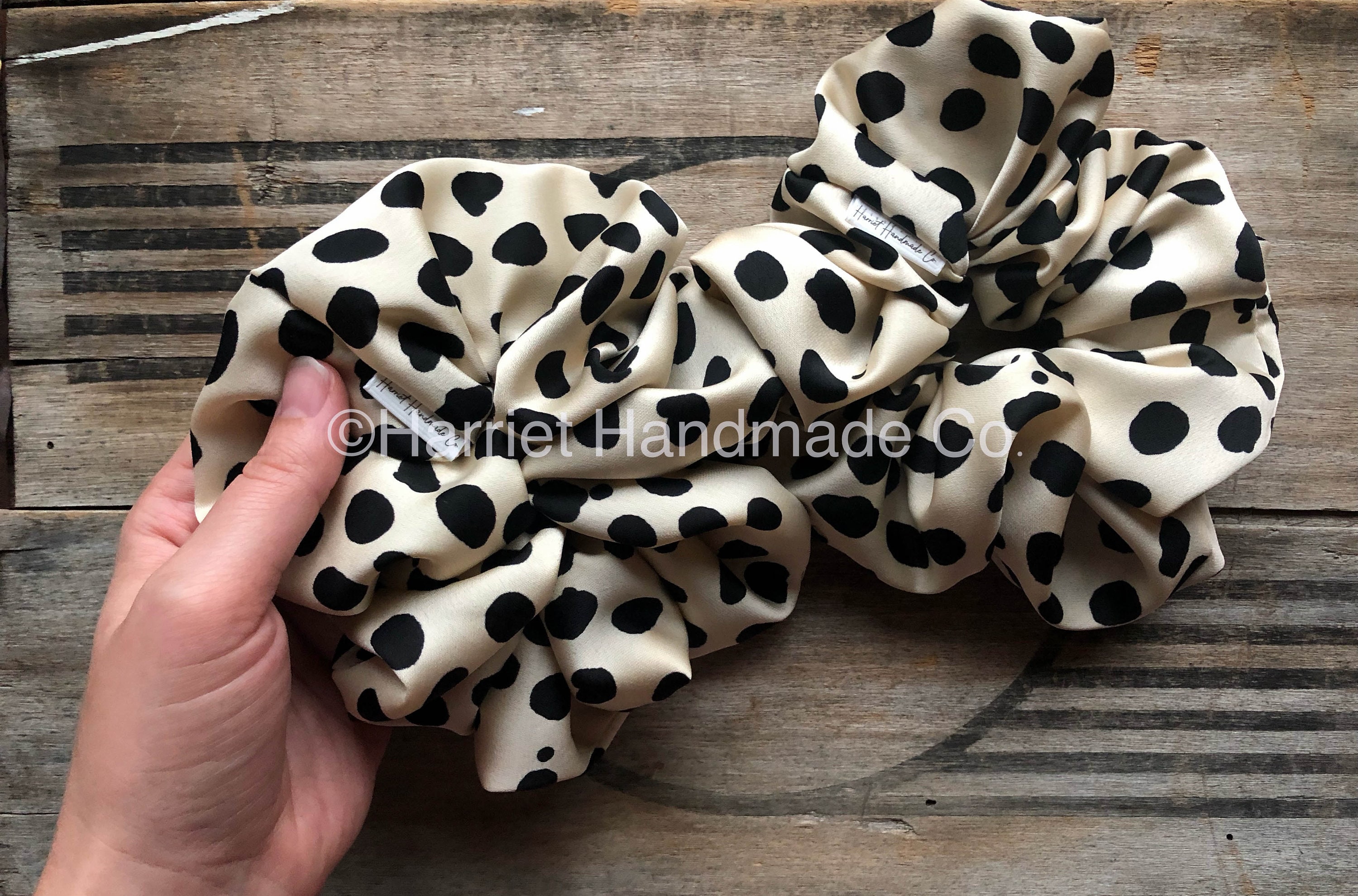 Fashion Inspired Black and Cream Scrunchie. Cream and Black Polka Dot Silk Scrunchie | 2 Sizes  main image 4