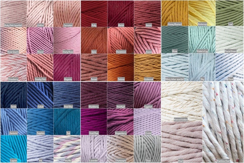 May include: A collection of 48 different colors of cotton rope, each color is displayed in a separate square. The colors range from light pink to dark green, and include shades of blue, red, purple, yellow, and brown.