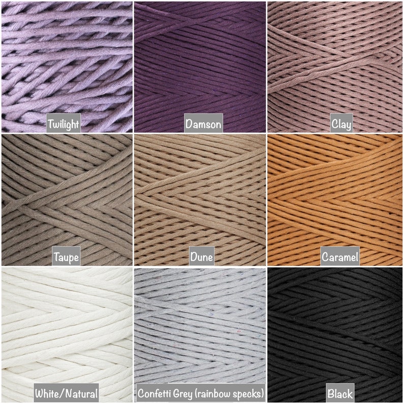 May include: Nine spools of cotton cord in various colors, including Twilight, Damson, Clay, Taupe, Dune, Caramel, White/Natural, Confetti Grey (rainbow specks), and Black.