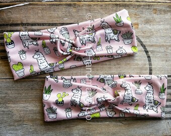 Lama & Kaktus Stretchigt Twist-Pannband – Babyrosa Tyg Håraccessoar