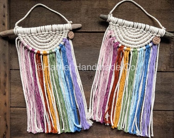 Bright Rainbow & White Semi-Lunar Macramé Wall Hanging – Driftwood Fiber Art Home Decor