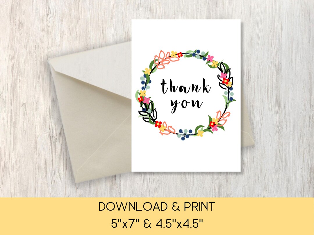 Printable Thank You Card Floral Wreath | DIY Digital Download Flower ...