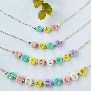 Girls Easter Colors Beaded Name Necklace FAST SHIPPING Girls Custom Beaded Necklace Dainty Name Necklace for Easter Basket Gift For Girls