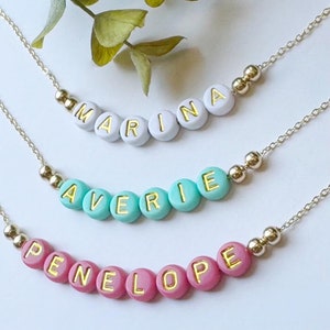 Colorful Beads Name Necklace | FAST SHIPPING | Dainty Gold Name Beads | Pastel Colors Name Necklace | Heart Necklace | Kids Name Necklace