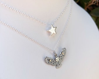 Sterling Silver Owl Necklace | Layered Necklace Set | Owl Moon Stars Pendant | Nature Lover Gift | Flying Owl Necklace