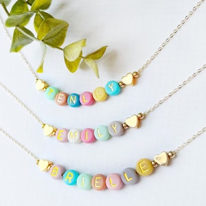 Bright Color Beads Name Necklace FAST SHIPPING Dainty Gold Name Beads Beaded Heart Name Necklace Heart Necklace Kids Name Necklace image 7