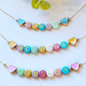 Easter Necklace For Girls FAST SHIPPING Dainty Gold Name Beads Beaded Heart Name Necklace Heart Beads Name Necklace Little Girl Easter image 1