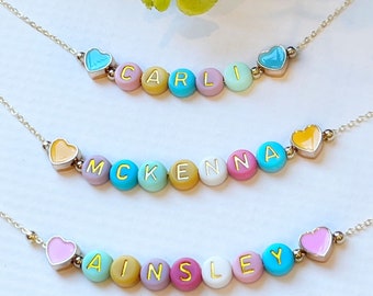 Easter Necklace For Girls | FAST SHIPPING Dainty Gold Name Beads | Beaded Heart Name Necklace | Heart Beads Name Necklace Little Girl Easter