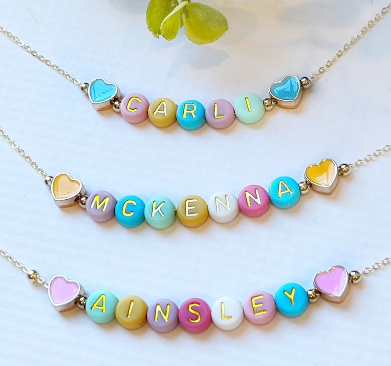 Easter Necklace For Girls FAST SHIPPING Dainty Gold Name Beads Beaded Heart Name Necklace Heart Beads Name Necklace Little Girl Easter image 1