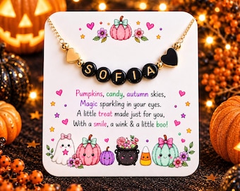 Collar de Halloween para niñas, regalo espeluznante para niñas, collar negro de Halloween, regalo para rellenar la cesta de Halloween para niñas, collar con nombre para niños
