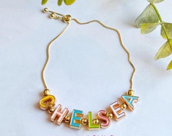 Colorful Enamel Personalized Name Bracelet For Girls, Chunky Name Jewelry