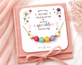 Colorful Beaded Name Necklace for Girls, Adjustable Chain, Custom Jewelry for Kids Back to School, Kids Birthday Gift, Girls Gold Jewelry