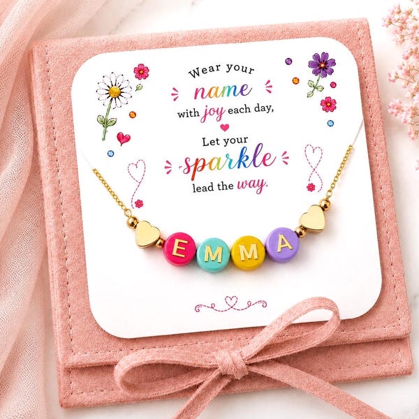 Colorful Beaded Name Necklace for Girls, Adjustable Chain, Custom Jewelry for Kids Back to School, Kids Birthday Gift, Girls Gold Jewelry