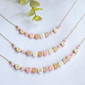 Personalized Daisy Name Necklace: Pink Pearl Beaded Gold Chain