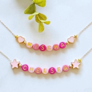 Pink Name Necklace for Girls FAST SHIPPING, Little Girl Name Necklace, Kids Name Necklace, Little Girl Gift, Star Beads Necklace, Girly Gift