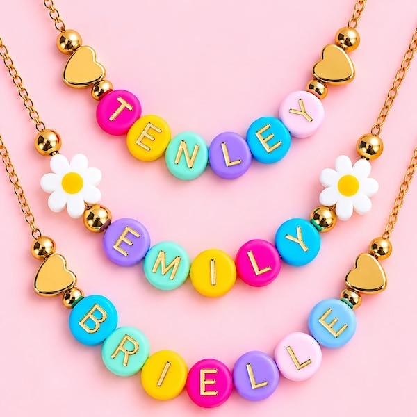 Colorful Beaded Name Necklace for Girls, Adjustable Chain, Custom Jewelry for Kids Christmas Gift, Kids Birthday Gift, Girls Gold Jewelry