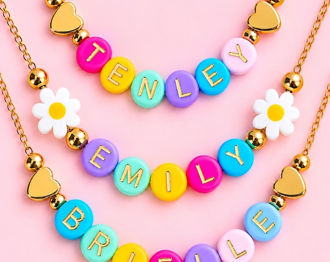 Colorful Beaded Name Necklace for Girls, Adjustable Chain, Custom Jewelry for Kids Christmas Gift, Kids Birthday Gift, Girls Gold Jewelry