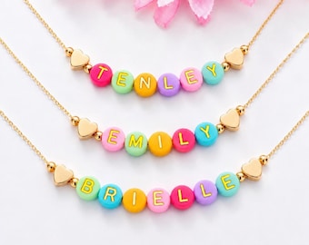 Colorful Beaded Name Necklace for Girls, Adjustable Chain, Custom Jewelry for Kids Back to School, Kids Birthday Gift, Girls Gold Jewelry