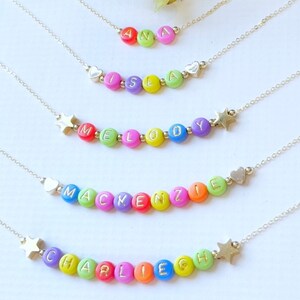 Color Pop Kids Beaded Name Necklace | FAST SHIPPING | Dainty Gold Name Beads | Beaded Heart Name Necklace | Heart Beads Name Necklace