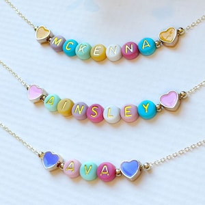 Easter Necklace For Girls FAST SHIPPING Dainty Gold Name Beads Beaded Heart Name Necklace Heart Beads Name Necklace Little Girl Easter image 4