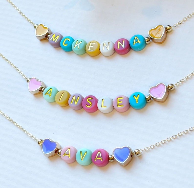 Easter Necklace For Girls FAST SHIPPING Dainty Gold Name Beads Beaded Heart Name Necklace Heart Beads Name Necklace Little Girl Easter image 4