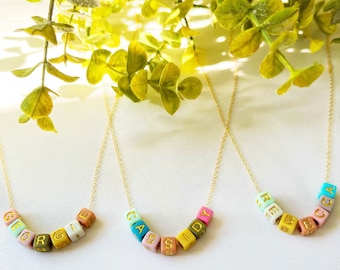 Colorful Square Beads Name Necklace FAST SHIPPING Dainty Gold Name Beads | Beaded Kids Name Necklace Boys Name Necklace Girls Name Necklace