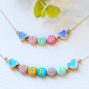 Easter Necklace For Girls FAST SHIPPING Dainty Gold Name Beads Beaded Heart Name Necklace Heart Beads Name Necklace Little Girl Easter image 2