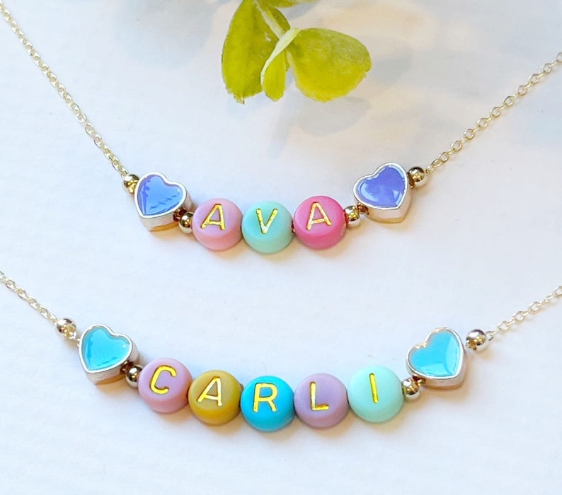 Easter Necklace For Girls FAST SHIPPING Dainty Gold Name Beads Beaded Heart Name Necklace Heart Beads Name Necklace Little Girl Easter image 2