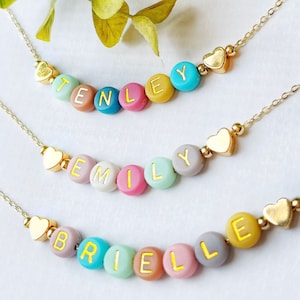 Bright Color Beads Name Necklace | FAST SHIPPING | Dainty Gold Name Beads | Beaded Heart Name Necklace | Heart Necklace | Kids Name Necklace
