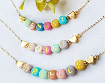 Bright Color Beads Name Necklace | FAST SHIPPING | Dainty Gold Name Beads | Beaded Heart Name Necklace | Heart Necklace | Kids Name Necklace