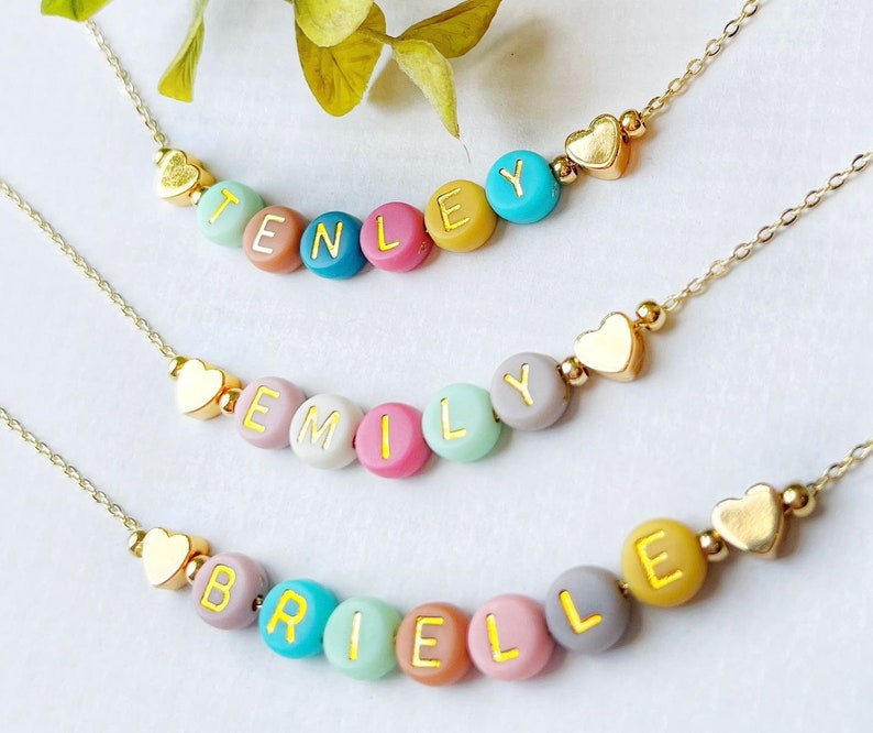 Bright Color Beads Name Necklace FAST SHIPPING Dainty Gold Name Beads Beaded Heart Name Necklace Heart Necklace Kids Name Necklace image 1