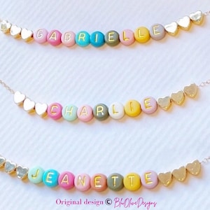 Personalized Name Necklace: Colorful Beads, Gold Heart, Adjustable Length