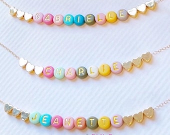 Personalized Name Necklace: Colorful Beads, Gold Heart, Adjustable Length