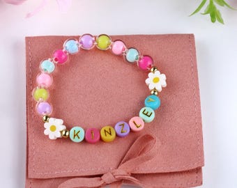 Custom Daisy Name Bracelet, Colorful Beaded Bracelet for Girls, Personalized Toddler Jewelry, Kids Flower Bracelet, Custom Gift for Tween