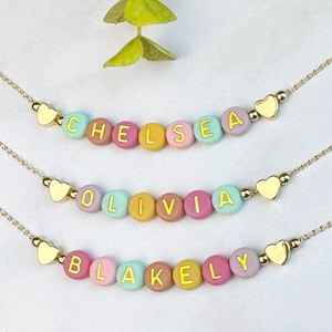 Colorful Beads Name Necklace FAST SHIPPING | Name Necklace For Little Girl Beaded Heart Name Necklace | Kids Name Necklace Custom Name Gift