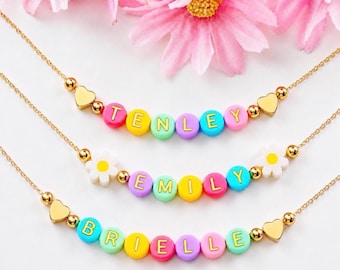 Colorful Beaded Name Necklace for Girls, Adjustable Chain, Custom Jewelry for Kids Back to School, Kids Birthday Gift, Girls Gold Jewelry