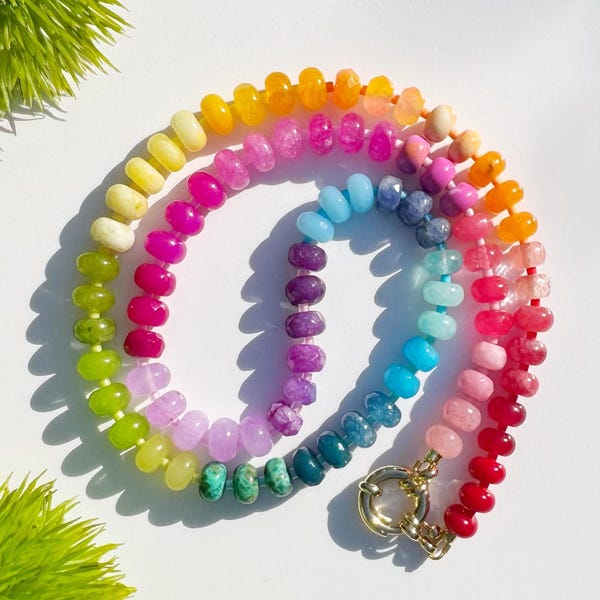 Rainbow Gemstone Necklace in FRUIT POP FIZZ by BluOliveDesigns, Quartz Candy Jewelry, Heart Push Clasp, Jade Gems Necklace