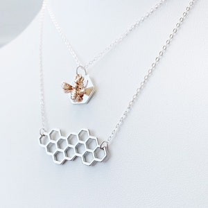 Bee Honeycomb Pendant | Bee Hexagon Necklace | Layered Necklace Set | Rose Gold and Silver Bee Necklace | Mixed Metal Necklace