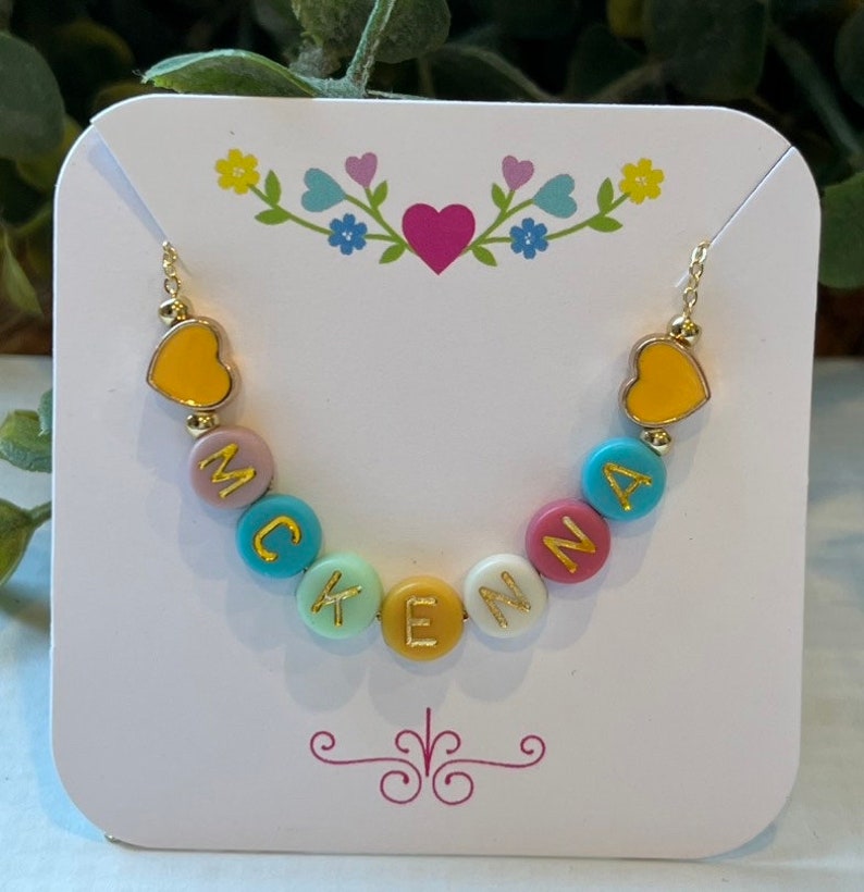 Easter Necklace For Girls FAST SHIPPING Dainty Gold Name Beads Beaded Heart Name Necklace Heart Beads Name Necklace Little Girl Easter Yellow