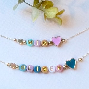 Personalized Name Necklace Coloful Beads FAST SHIPPING Dainty Gold Name Beads, Beaded Heart Name Necklace Little Girl Gift, Gift For Girls