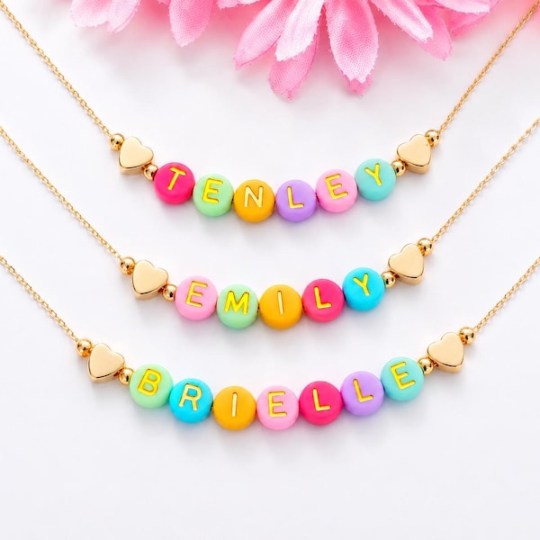 Bunte Perlen Namenskette für Mädchen, verstellbare Kette, personalisierter Schmuck für Kinder, Kleinkind-Sonnennies, Kindergeburtstagsgeschenk, Mädchen-Gänseblümchen-Schmuck